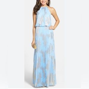 Xscape light blue pleaded halter dress